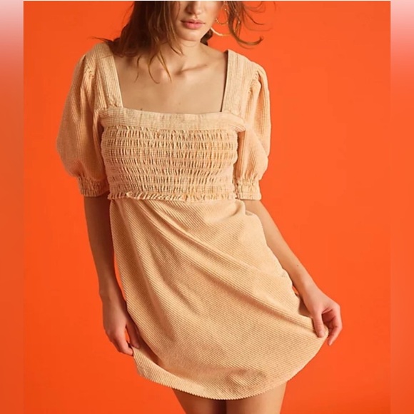 Free People Moon Flower Mini Dress Corduroy Pale Yellow Orange Puff Sleeve - Picture 2 of 13